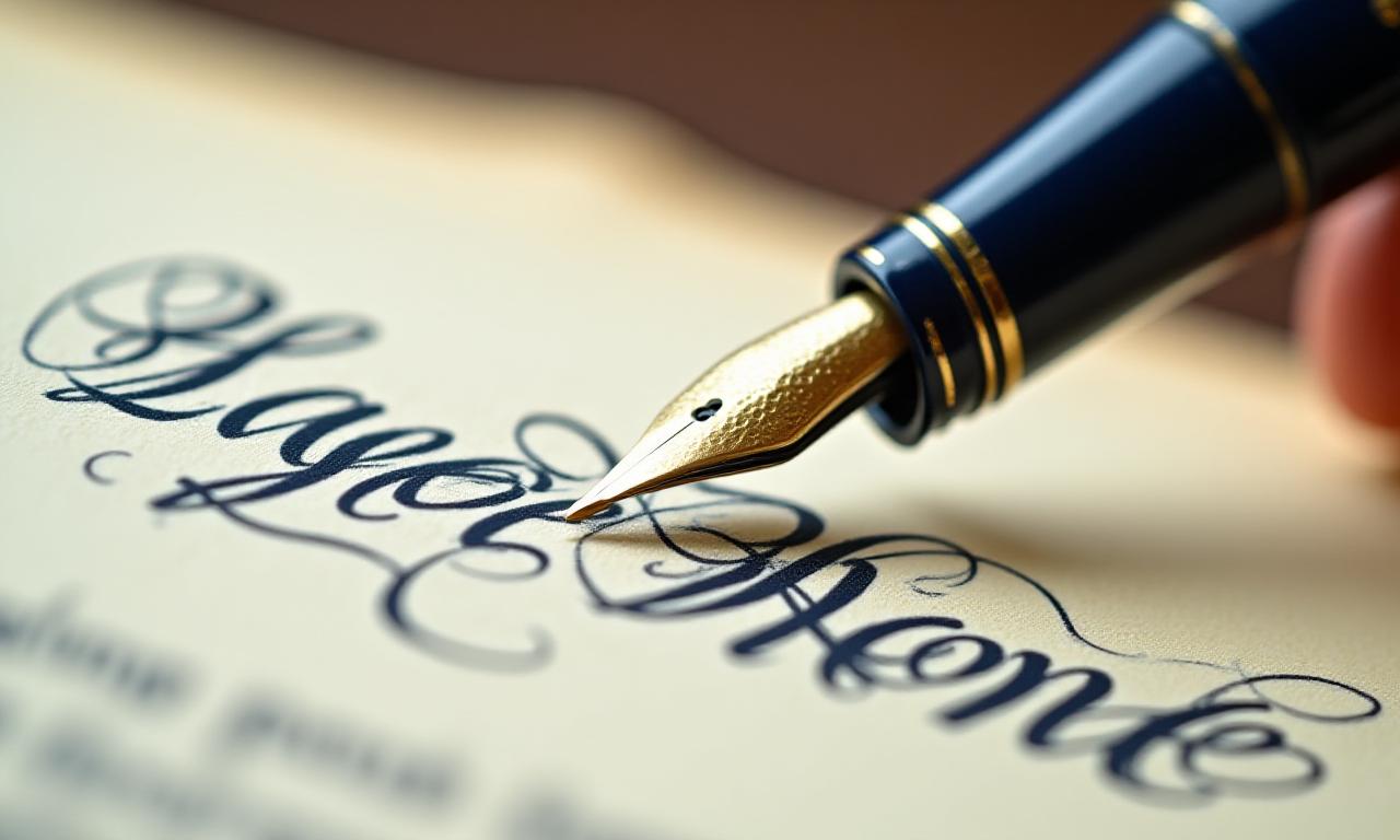 Close up of a fountain pen signing a high-quality parchment contract