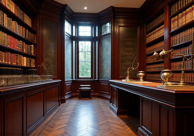 Elegant legal office interior with leather chairs and oak bookshelves